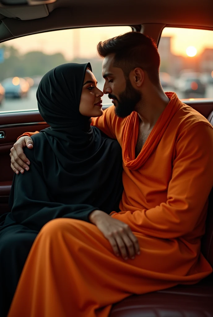 Beautiful women wearing black hijab saffron dress, muscular Hindu pandit kissing, in car