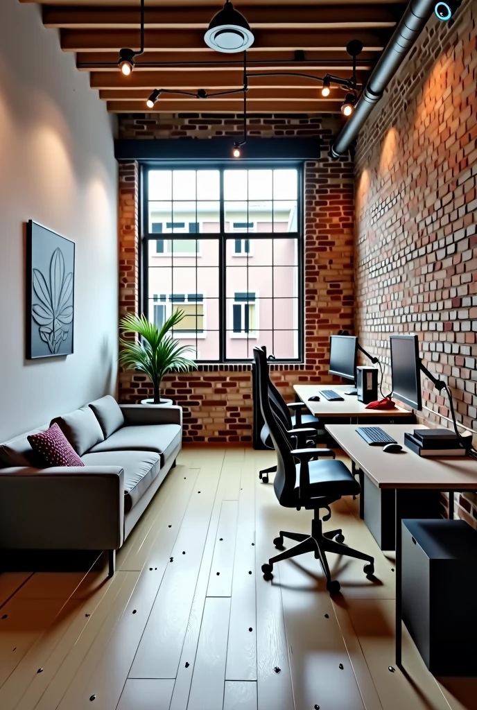 "Render an industrial-style home office based on a specific floor plan.The room is rectangular, with the following dimensions: the left and right walls measure 3.50 meters and the upper and lower walls measure 2.92 meters. The left wall has a 2.10 meter long sofa placed near the center. The right wall has two workstations, each with a 30-inch monitor and a notebook on an articulating stand. The chairs are placed on these workstations. The upper wall has a window and is left bare with no additional items. The lower wall, opposite the window, has an industrial brick-style finish with the workstation extension making an 'L' that houses a coffee machine and a printer. The room is designed with a minimalist and industrial aesthetic, emphasizing clean lines and functionality."