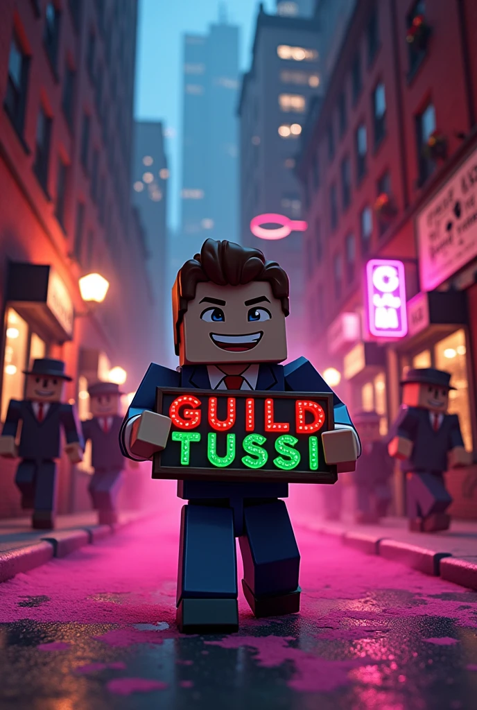 generate a minecraft steve.. holding a sign that says GUILD TUSSI and pink dust (mafia environment)
