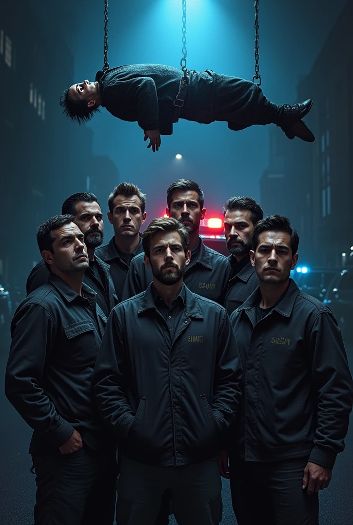 The cover of a book.
Divided into two halves.
At the bottom 8 men around 27 years old and in the background the lights of a police patrol and at the top a corpse.