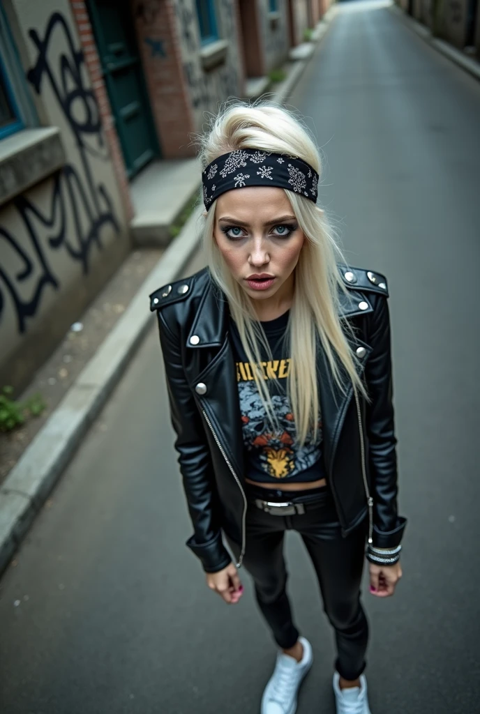 russian milf woman, platinum blonde hair with black parsley bandana headband, with very light blue eyes, extremely pale, heavy eye shadows. Sad face, smeared make up, runny mascara. Wearing black moto jacket, cropped metal band t-shirt, leather skinny jeans and wiite tennis sneakers . Lots of metallic braceles and collars. Tacky leather belt with oversized buckle. Hands up. Looks at the camera. Open eyes and mouth