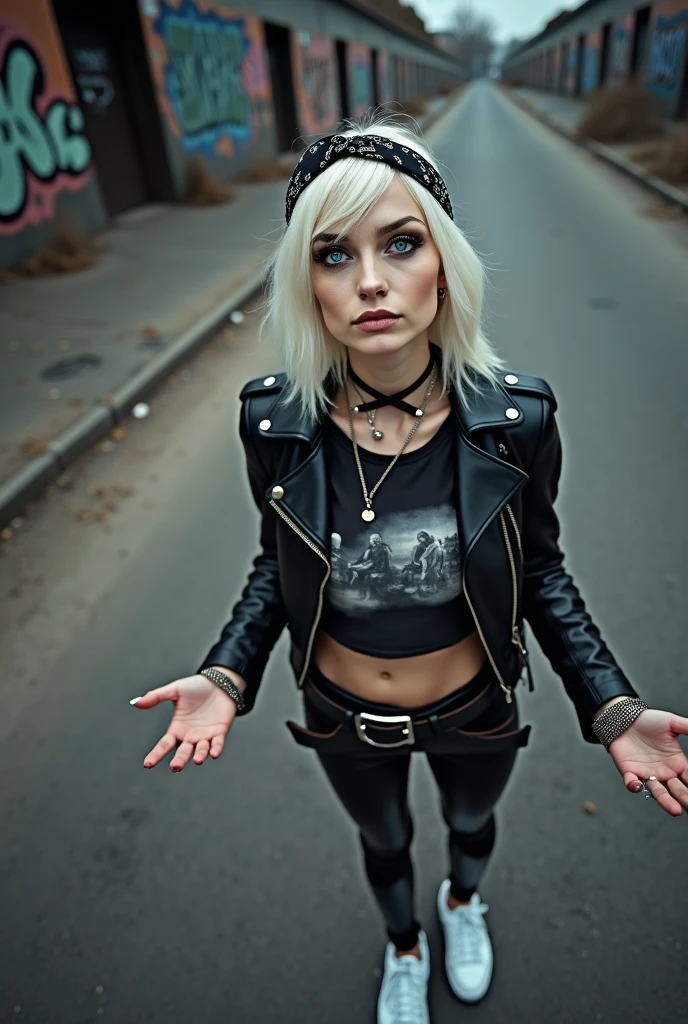 russian milf woman, platinum blonde hair with black parsley bandana headband, with very light blue eyes, extremely pale, heavy eye shadows. Sad face, smeared make up, runny mascara. Wearing black moto jacket, cropped metal band t-shirt, leather skinny jeans and wiite tennis sneakers  . Lots of metallic braceles and collars. Tacky leather belt with oversized buckle. Hands up. Looks at the camera. Open eyes and mouth