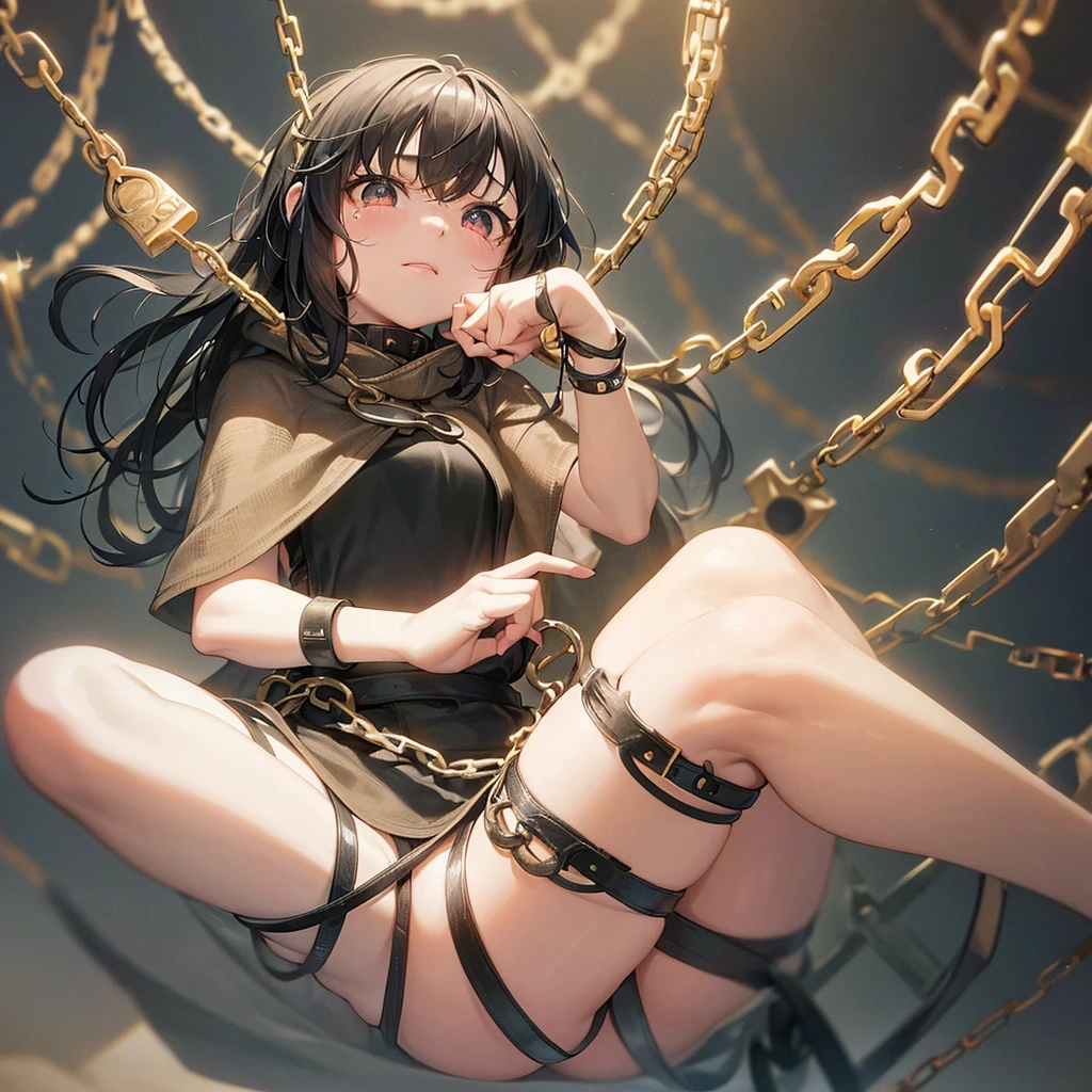 A young child, crying, with their hands shackled by chains hanging from above. She's sticking her ass out here。 bikini Swimwear Leg spread