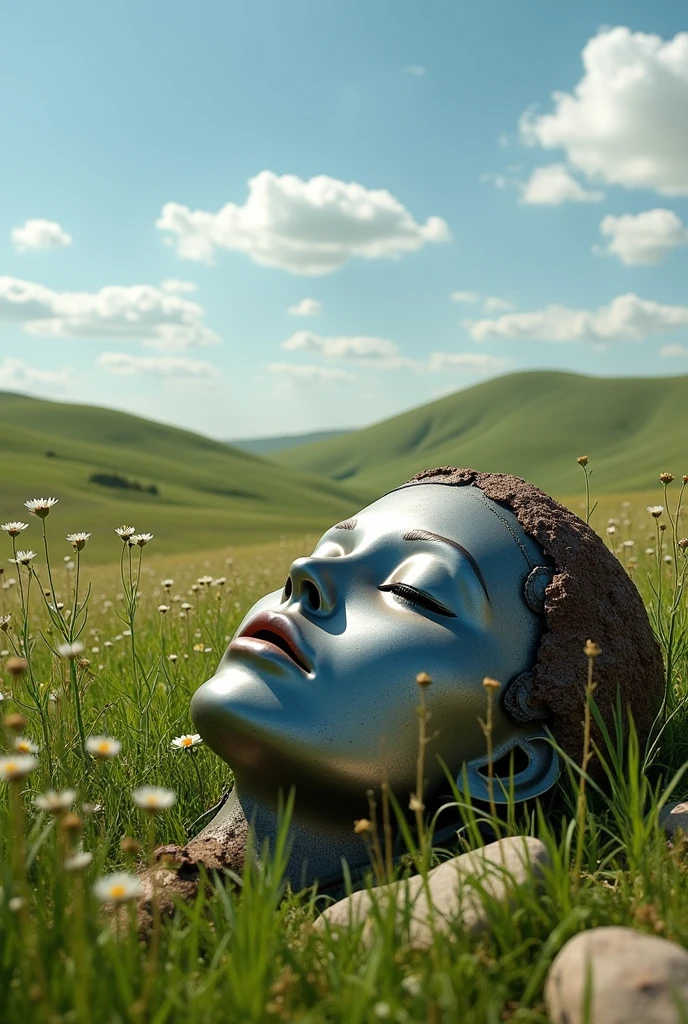 I want an image of a metal head with closed eyes abandoned in a pasture