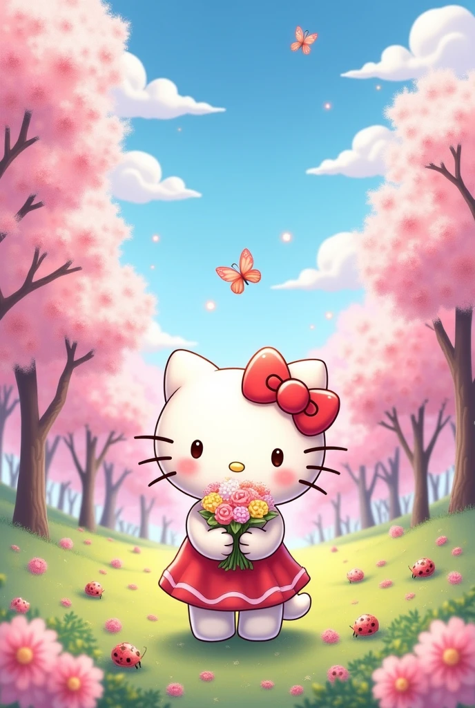 make a really cute hello kitty illustration with a cute background