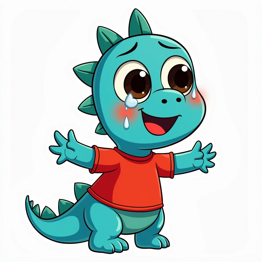 An illustration for children of a dinosaur, with the appearance of an , Way sadness crying, with tears in the eyes, no eyelashes, with red shirt, trouserless, blue skin, green dinosaur crests on the head and tail, cute cartoon smile,  full body, with an appearance of tenderness, White background

