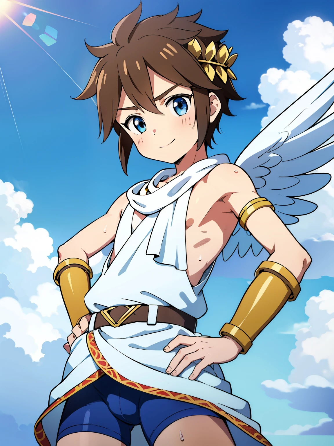 Highres, Masterpiece, Best quality at best,Best Quality,hight quality, hight detailed, Anime style, 1boy, Shota, young boy, kipit, smile, hand on hip, chiton, bike shorts, bracer, blue sky, clouds, wings, Seen from the front, look at viewer,Simple beckground, (very young boy), (very small and short body), (Showing armpit:1.3), hansome boy, Uhd, bokeh, sweat