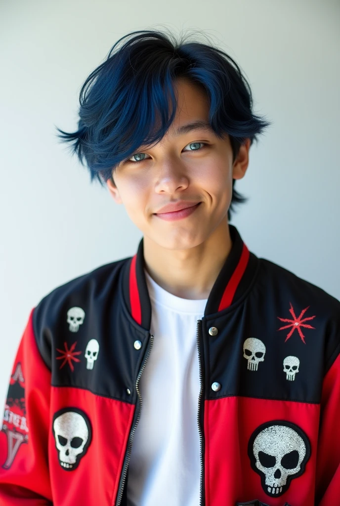 A boy with a calm smile, handsome, Canadian, age about 18 years old, dark blue hair a bit long tied in a low ponytail and blue eyes, wearing a light red and black jacket with skulls, a white shirt. With a fringe in front of the camera, white background.