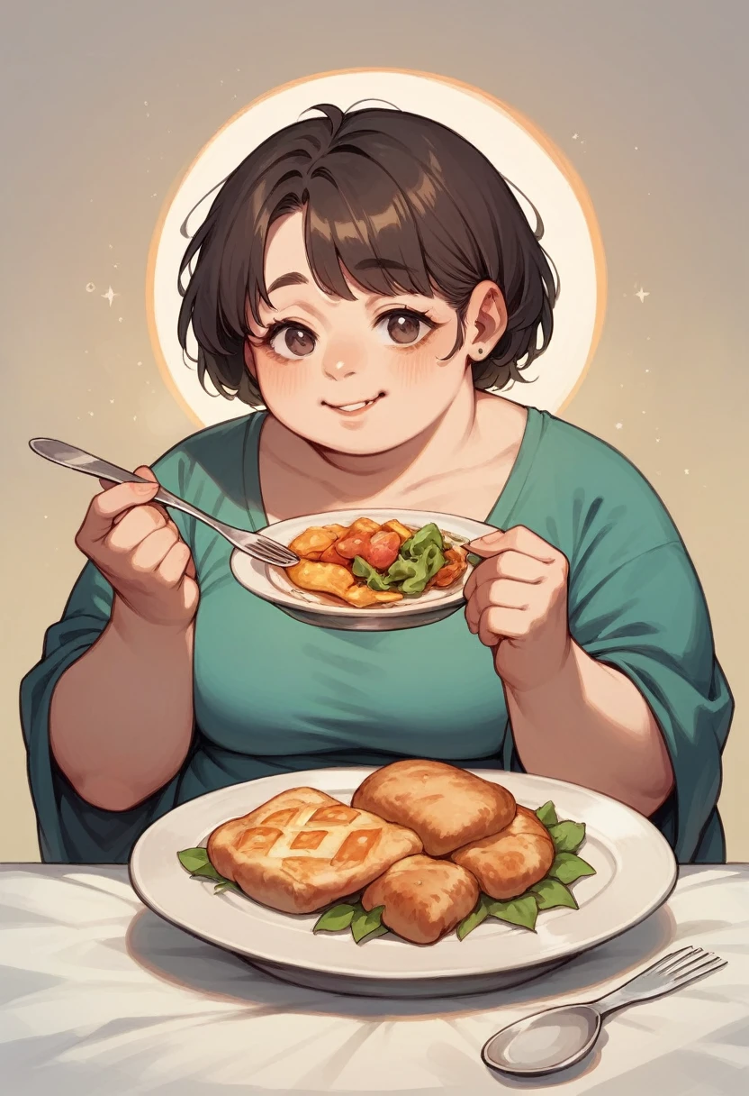 Chubby woman serving dinner