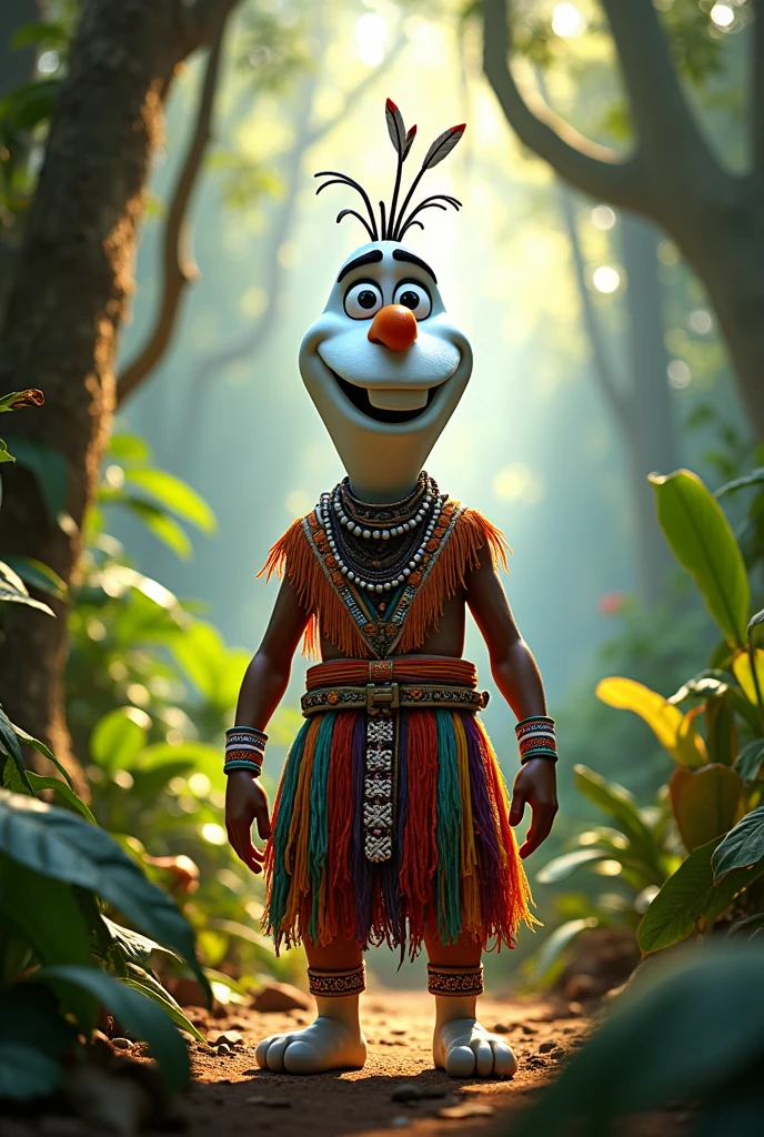 Olaf from the movie Frozen dressed as an Awajun native man (from the Peruvian jungle) from Peru