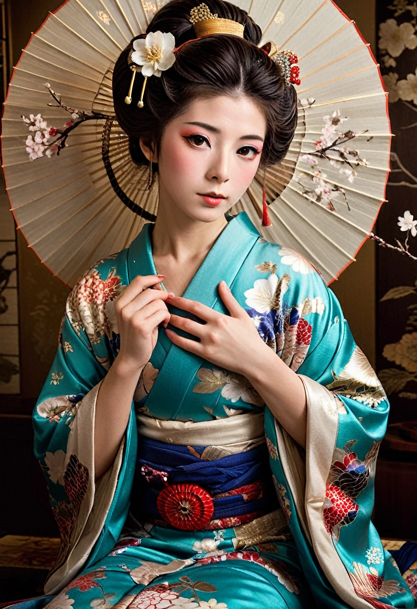 (The gorgeously sexy adorned geisha, embodying a harmonious blend of grace and allure, symbolizes traditional Japanese beauty and elegance. She is depicted in a stunningly detailed painting, with intricate details shining through her delicate features and flowing kimono. The composition captures her serene expression and delicate gestures with a sense of perfection and refinement. This high-quality image exudes a sense of timeless beauty and cultural richness.