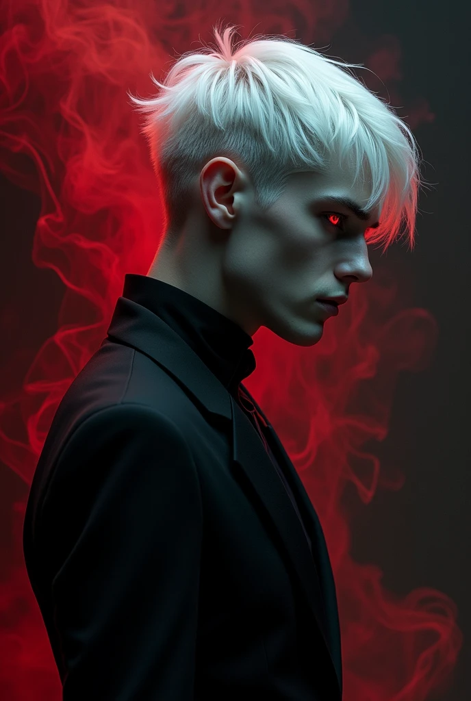 Profile of an albino demon, pale translucent skin, short platinum white hair, blood red eyes with black sclera, black clothes on him, the devil is Man