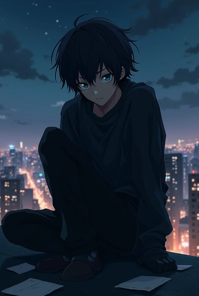 Create a character similar to L from Death Note with a black sweater in anime style. Create 10 different images.