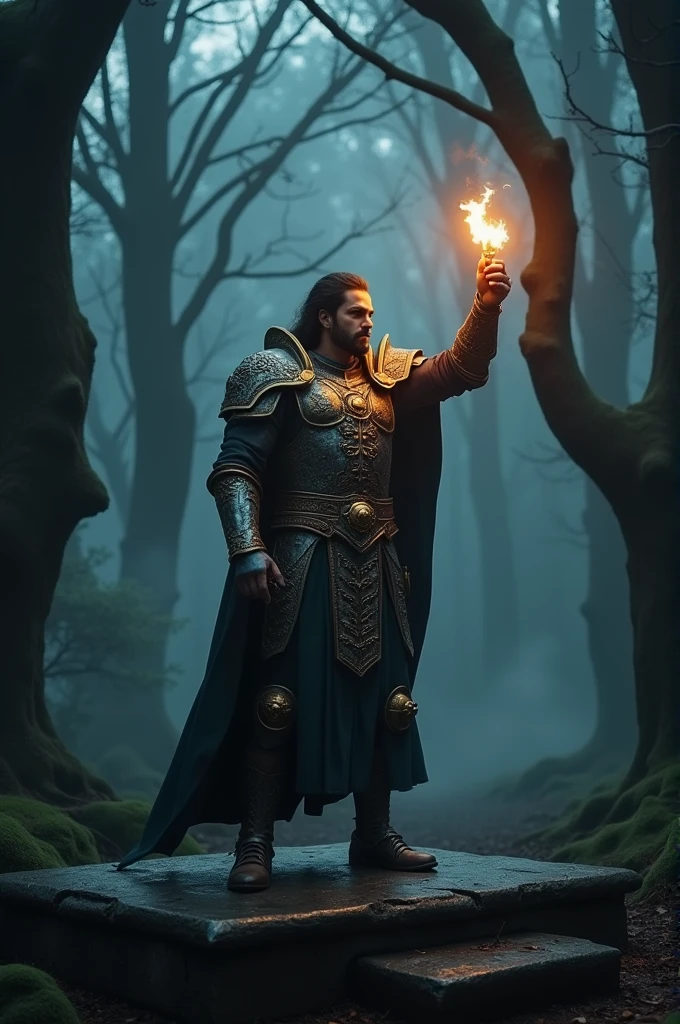 Dark, shadowy forest at twilight with a thick mist covering the ground. The camera slowly zooms in on an ancient hero standing on a stone platform shrouded in shadows. The hero is clad in ornate, dark armor with gold and silver details, holding a small, bright flame. The surrounding trees and the mist create a gloomy backdrop, with the flame's warm light contrasti