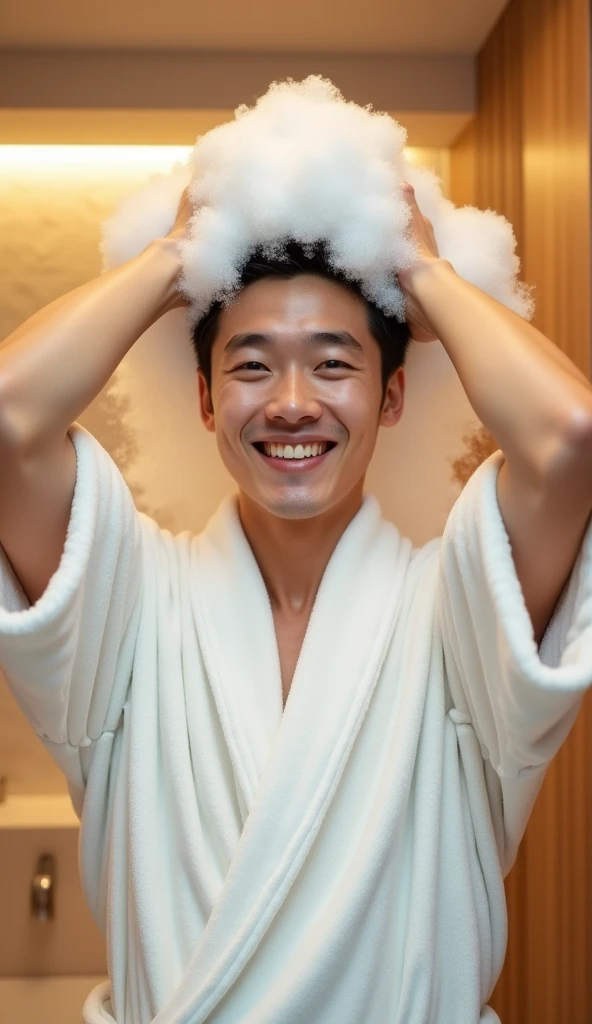 Create a handsome Asian man，Beautiful beautiful big eyes，Regular facial features，Normal limbs，Wear a white bathrobe，Washing hair with both hands above the head，There is a lot of foam on the head，The hair is covered with white foam，The expression is happy，The characters are realistic and realistic，Warm bathroom background，Character front position，9:16 frames，Ultra-high-definition picture quality