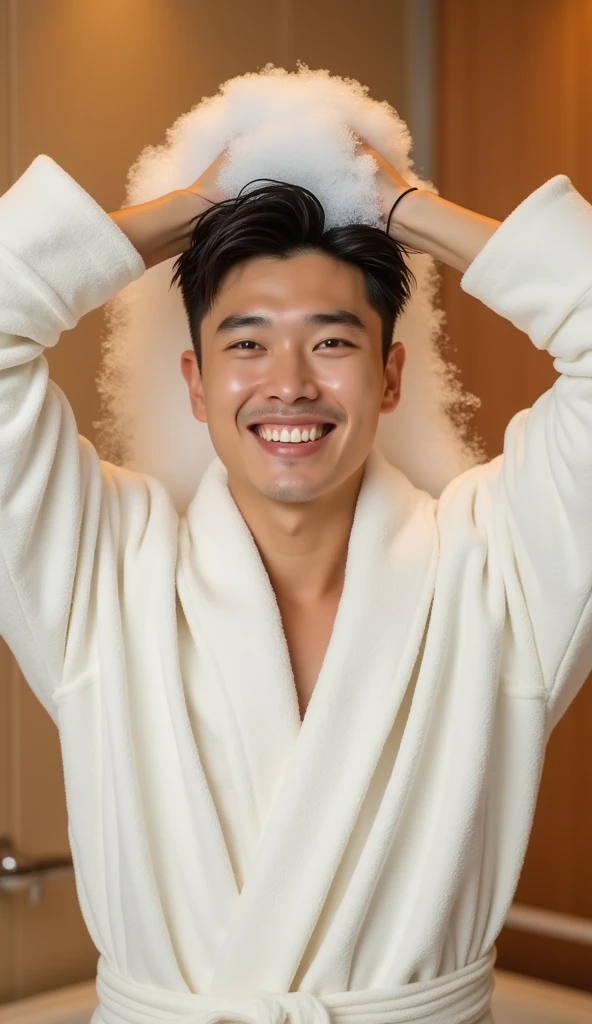 Create a handsome Asian man,Beautiful beautiful big eyes,Regular facial features,Normal limbs,Wear a white bathrobe,Washing hair with both hands above the head,There is a lot of foam on the head,The hair is covered with white foam,The expression is happy,The characters are realistic and realistic,Warm bathroom background,Character front position,9:16 frames,Ultra-high-definition picture quality