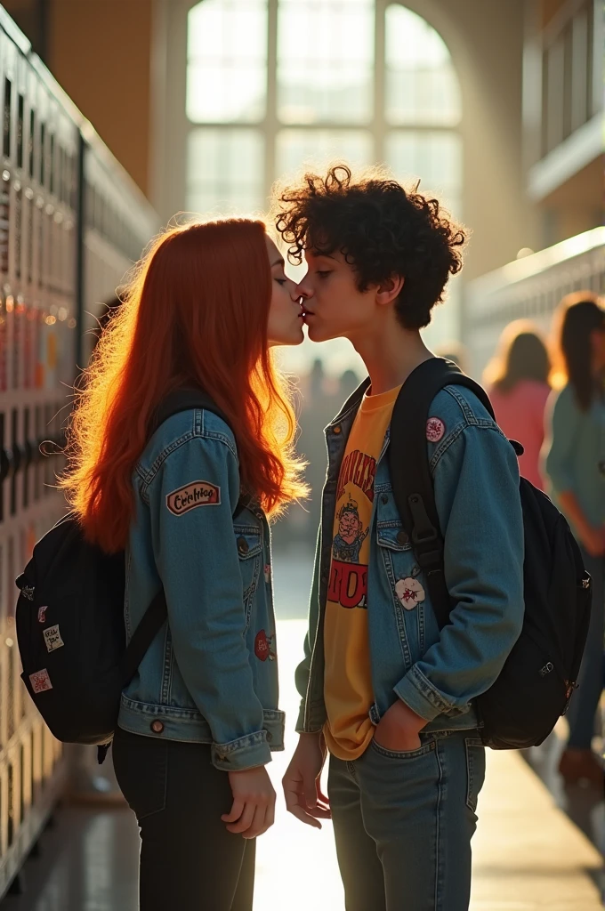 Two teenagers kissing at school
