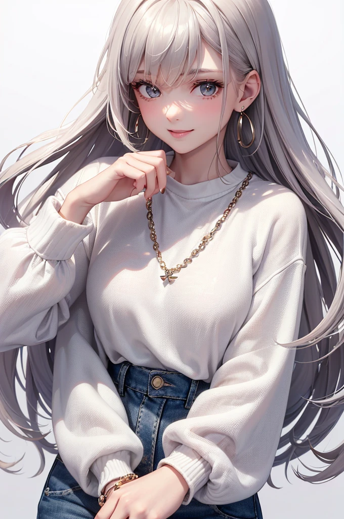 Best Quality,High resolution,8k,(plain white background, no patterns, no textures, just a plain white background:1.3),Masterpiece:1.2),beautiful girl,Glossy romance gray hair,messy hair,Gray eyes,A girl wearing an oversized sweatshirt with a minimalist logo, high-waisted wide-leg jeans, and sneakers. Add simple earrings and a chain bracelet for a chic look,Gentle look,A refreshing look,smile,Best quality,Best Quality,Aesthetic and aesthetic:1.2,Best details((Super detailed))(High-definition CG illustrations),Slender body,smile,blush,cute,Scrounge,Looking up,Being spoiled,super model