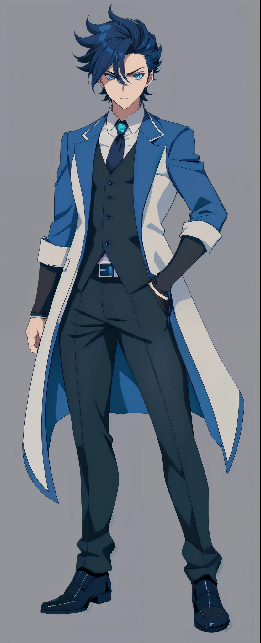 anime boy, dark blue hair, blue eyes, black suit, black coat, blue tie, simple grey background, (beautiful and aesthetic:1. 5), thick black lineart, clean lineart, perfect lineart, sharp lineart, best quality, high quality, best quality, ultra-detailed, HD, beautiful lighting, 