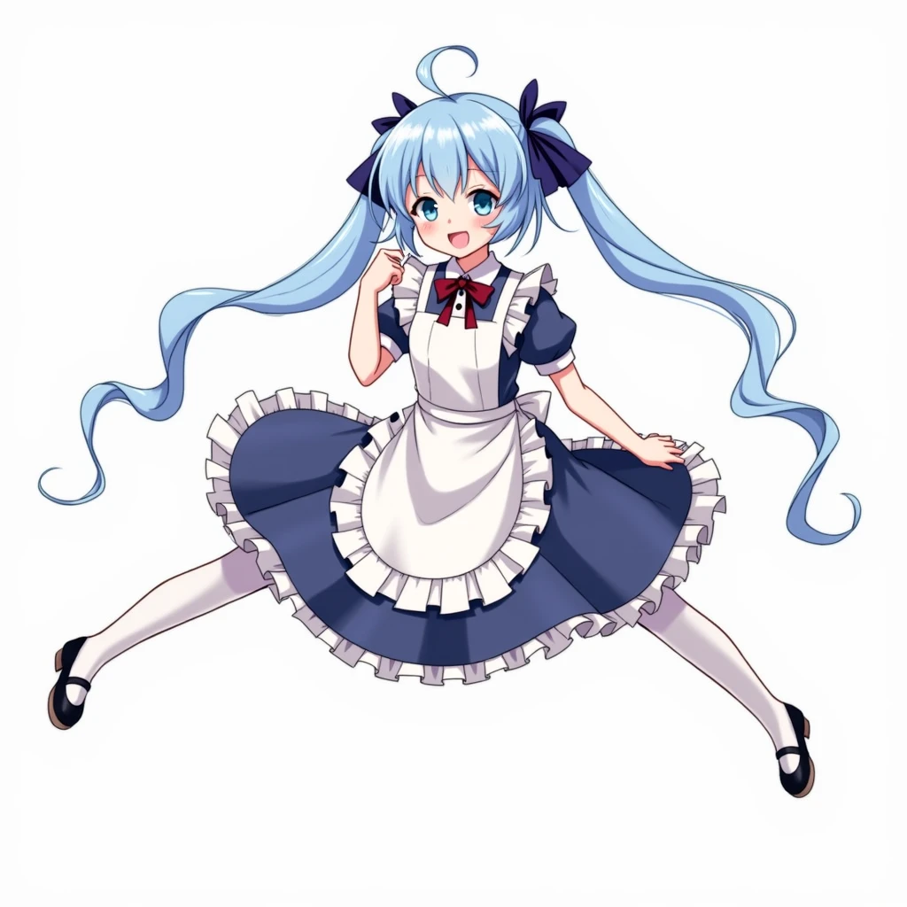 Rimuru=Tempest is smiling and wearing a maid outfit and tights.、Doing M-leg spread。