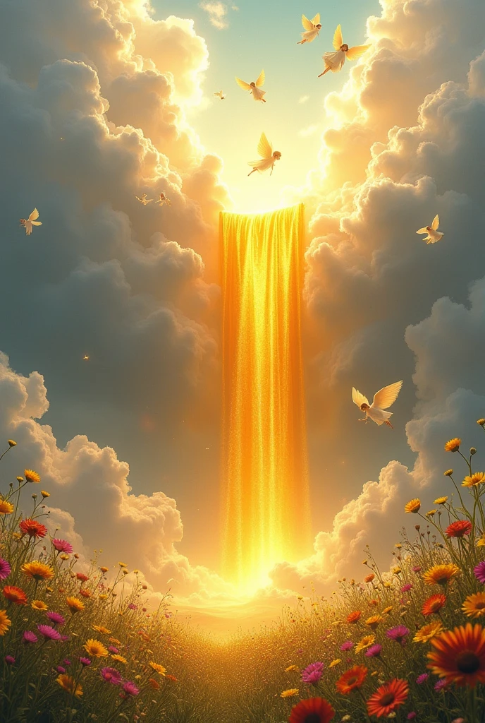 watterfol of honey in heaven with angels and field of diffrent color
