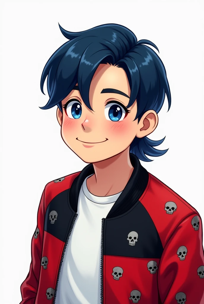 A cute Canadian boy with a calm smile, about 18 years old, with dark blue hair a little long tied in a low ponytail and blue eyes with a light red and black jacket with skulls with a white shirt with bangs in front of the camera, white background 
