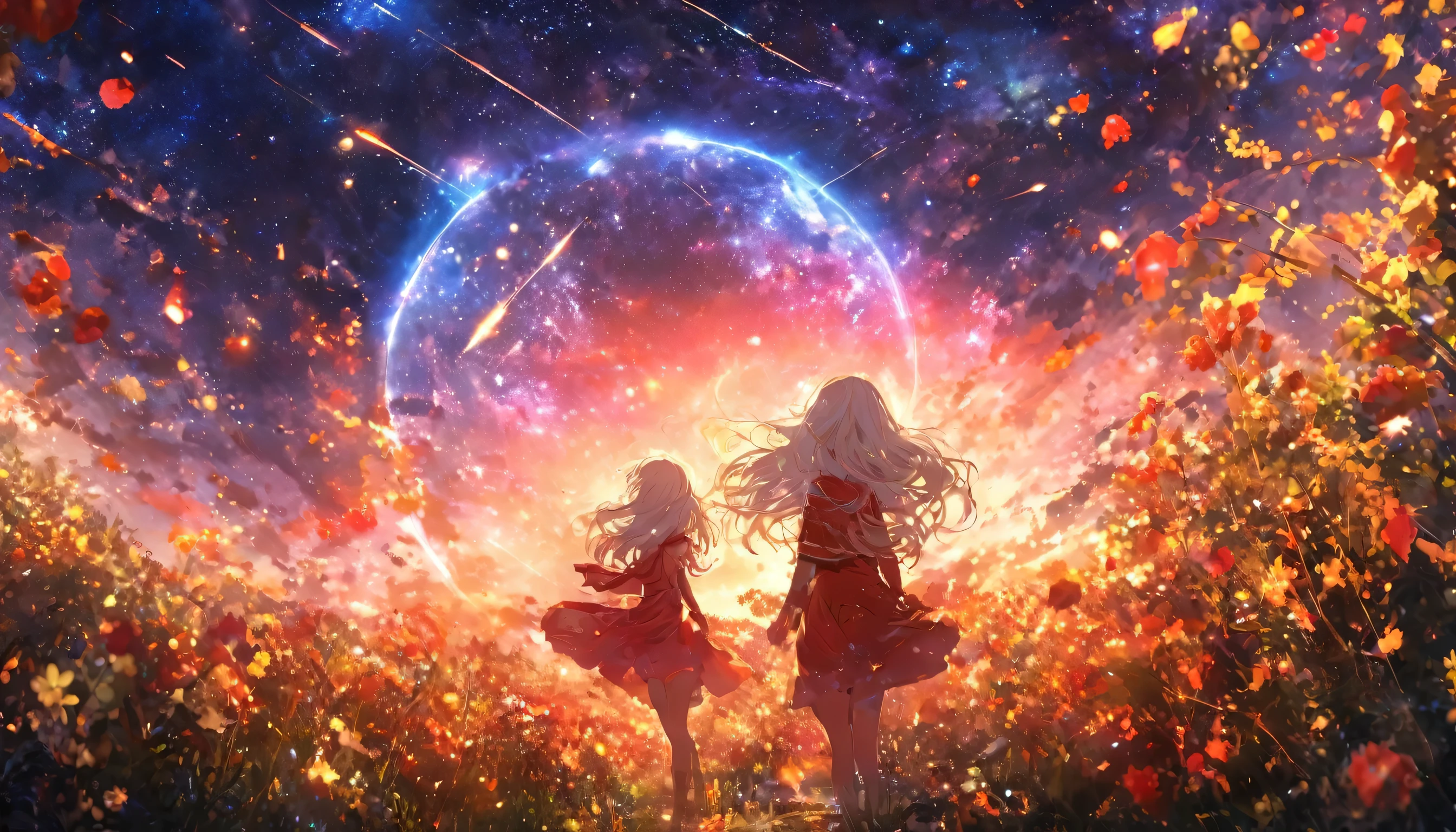 masterpiece, Concept Art, panoramic, In the center, shape, Wide-angle lens, 1 girl, garden, night, (meteor), space galaxy background, (great composition, Epic), Dynamic Lighting, Vibrant colors,  Long hair girl, Fragile white hair、Red