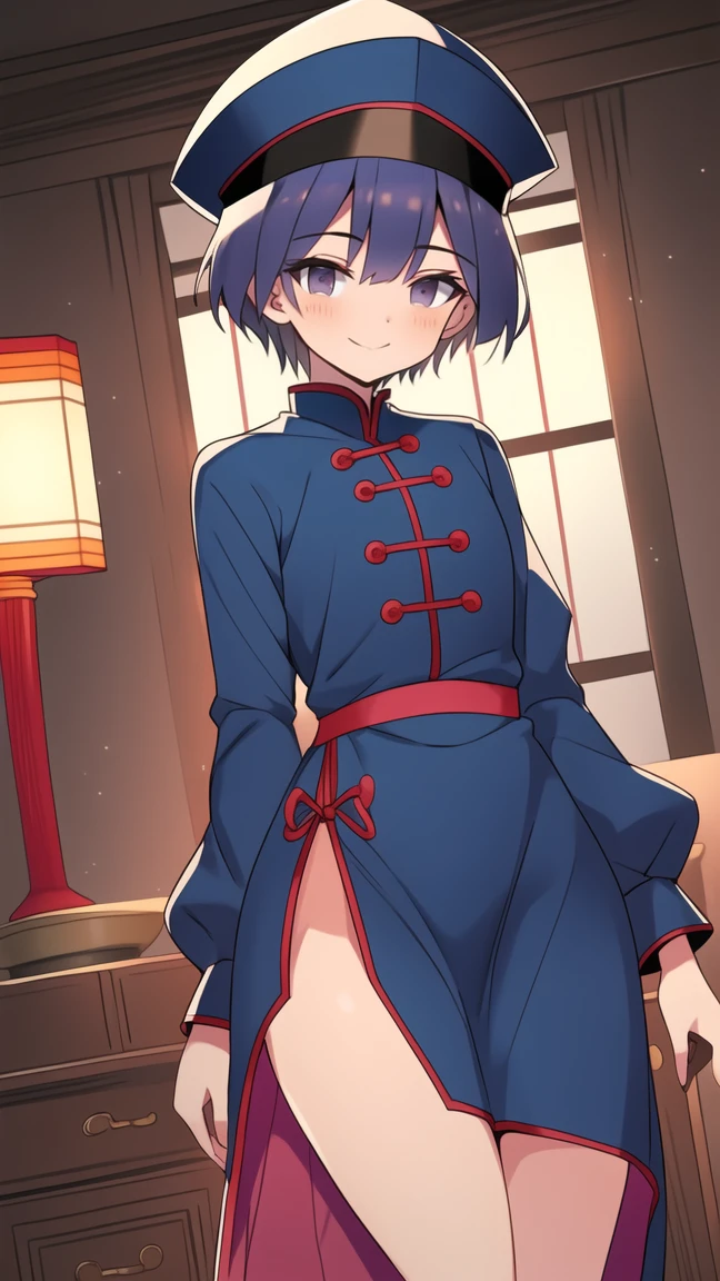 Best quality, Super detailed illustration, Warm colors, perfect lighting, (boy:1.6), (the blue skin:1,6) , short tousled thick hair ,Jiangshi clothing, long sleeves, long skirt with leg cutout on the sides, open legs, Tight-fitting clothing, Guanli hat ,smug smile, Happy , a femboy, small waist, wide hips, slim, Perfect body, full length, black and lilac color of clothes