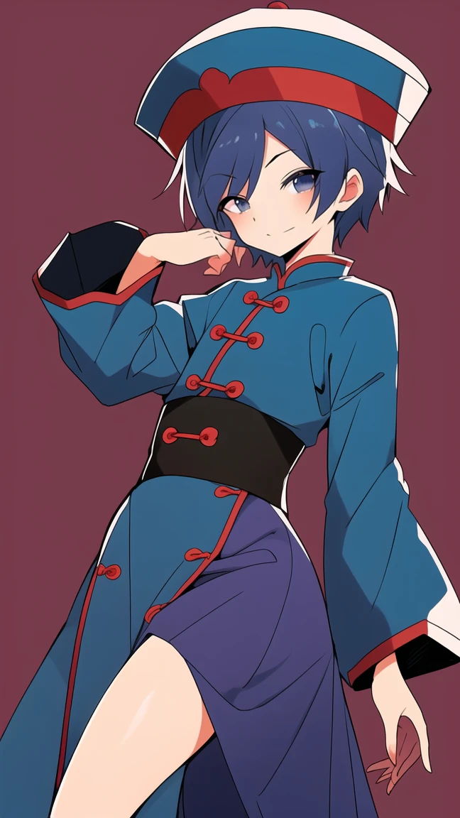 Best quality, Super detailed illustration, Warm colors, perfect lighting, (boy:1.6), (the blue skin:1,6) , short tousled thick hair ,Jiangshi clothing, long sleeves, long skirt with leg cutout on the sides, open legs, Tight-fitting clothing, Guanli hat ,smug smile, Happy , a femboy, small waist, wide hips, slim, Perfect body, full length, black and lilac color of clothes