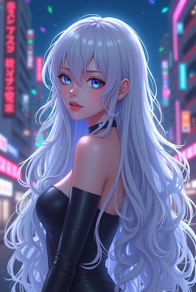 Adult Anime styled girl with diamond hair, white hair, and iridescent eyes,