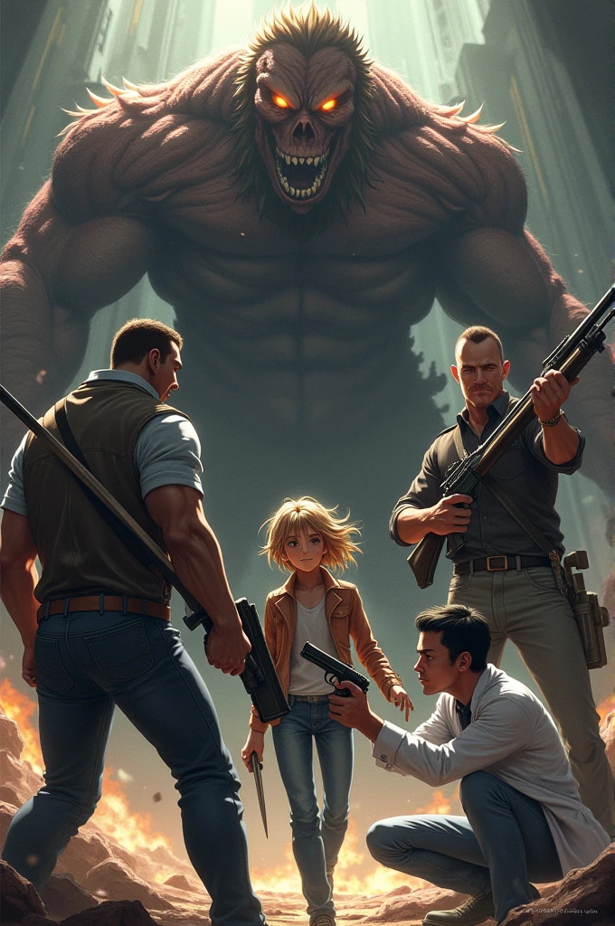A tall, strong man with a shotgun and a broadsword stands with a short, thin man with light brown hair and golden eyes, sporting a psychotic smile and holding a pistol and a knife. Beside them is a large, strong bald man with a rifle, and a black-haired doctor in a white coat is tending to a patient. All of them face a monster in an anime style.