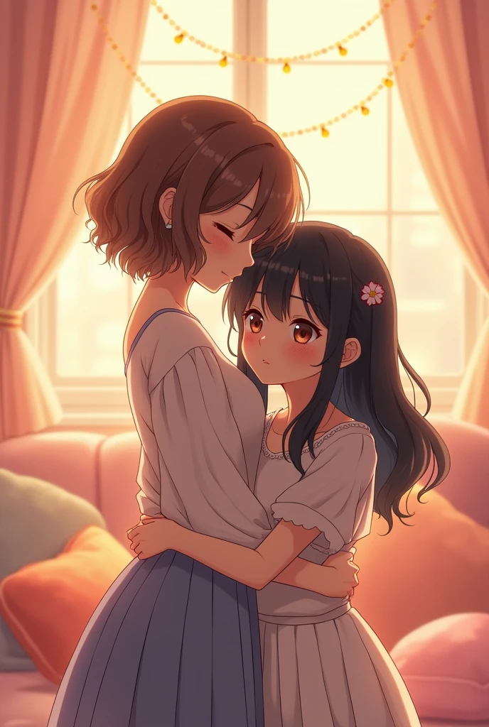 sisters in a loving pose, tall sister with short wavy brown hair and her short sister with long hair, pale and black in anime style
