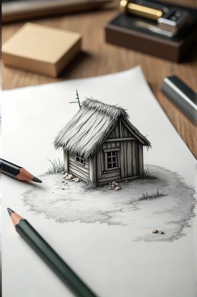 A hut drawn by pencil on paper. Pencil rubber and sharpener on it