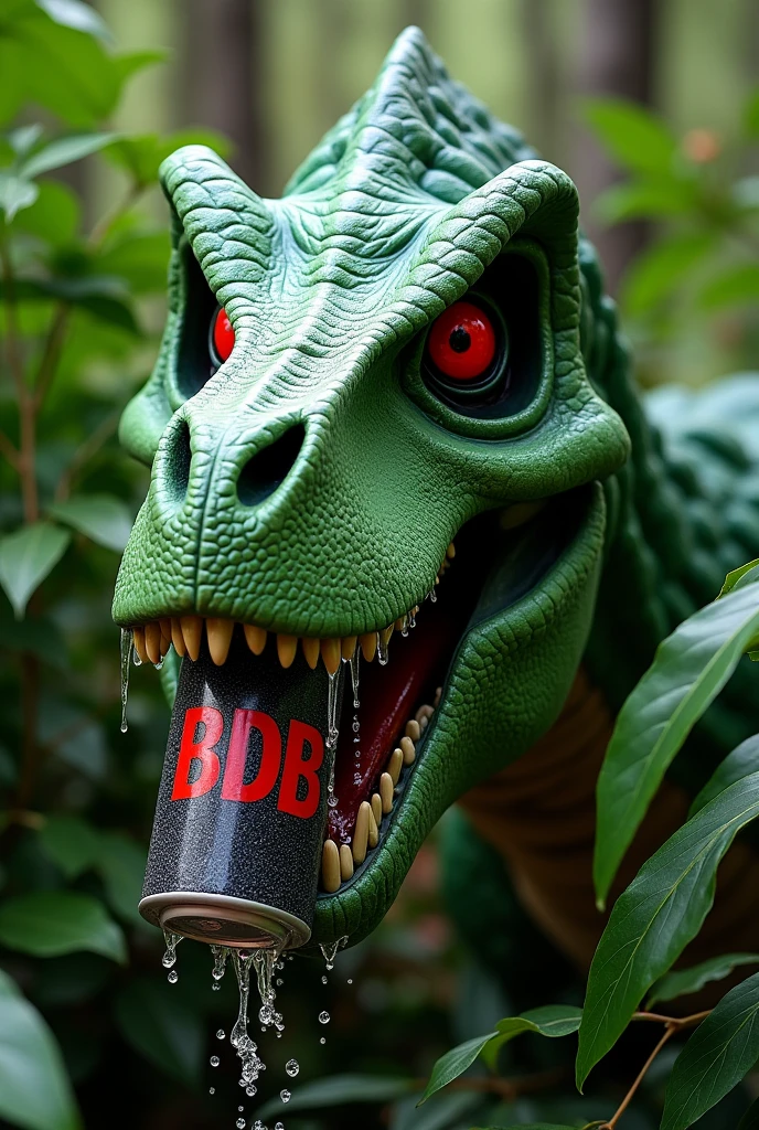 green t-rex skull, having a can of beer in is mouth, canette color is black, writing BDB on it, teeth stuck in the can, foam and splashes of beer flowing from the can, small sign of smoke coming out of the nostrils, angry eyes and frowning eyebrows apparence cartoon, avec des eux de couleur rouge et pupille dilatée noir, fond à l'arrière type jungle, la tête du t-rex sort de plusieurs buissons, can of beer is horizontal in the mouth