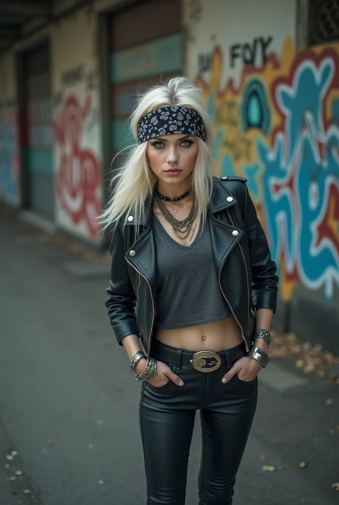 russian milf woman, platinum blonde hair with black parsley bandana headband, with very light blue eyes, extremely pale, heavy eye shadows. Sad face, smeared excessive make up. Wearing black moto jacket, cropped metal band t-shirt, leather skinny jeans and wiite tennis sneakers . Lots of metallic braceles and collars. Tacky leather belt with oversized buckle. Thumbs in pockets. Looks at the camera. Open eyes and mouth