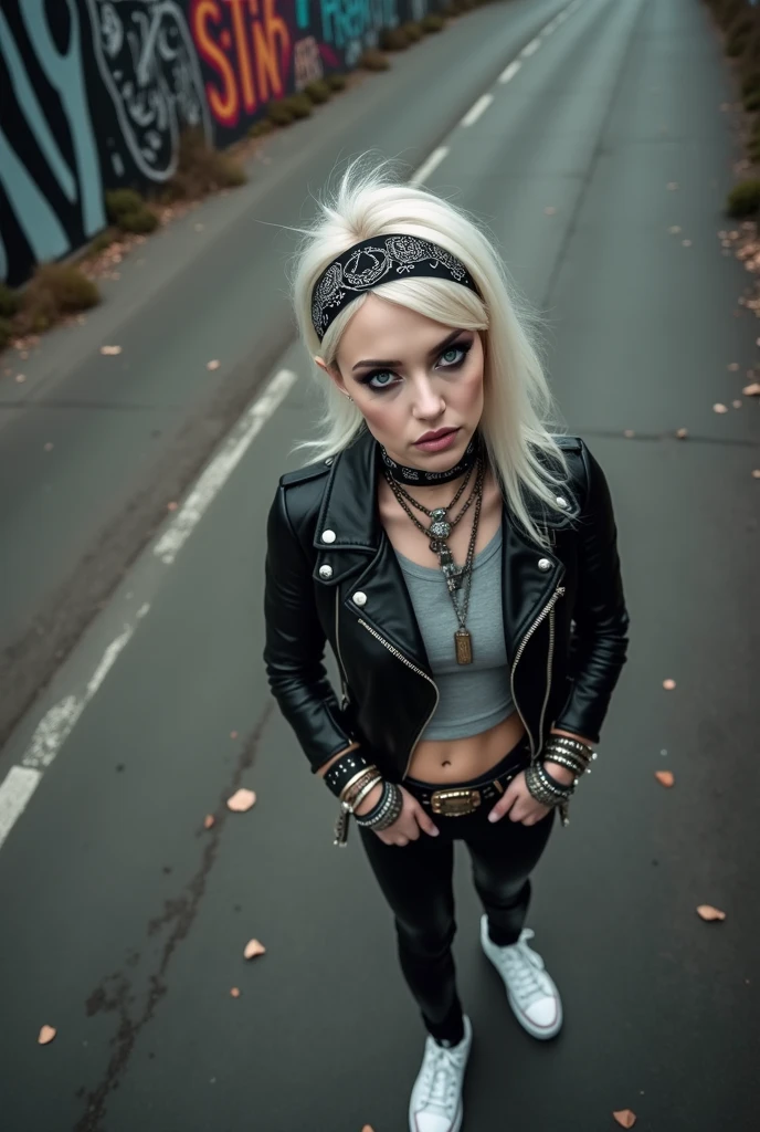 russian milf woman, platinum blonde hair with black parsley bandana headband, with very light blue eyes, extremely pale, heavy eye shadows. Sad face, smeared excessive make up. Wearing black moto jacket, cropped metal band t-shirt, leather skinny jeans and wiite tennis sneakers . Lots of metallic braceles and collars. Tacky leather belt with oversized buckle. Thumbs in pockets. Looks at the camera. Open eyes and mouth