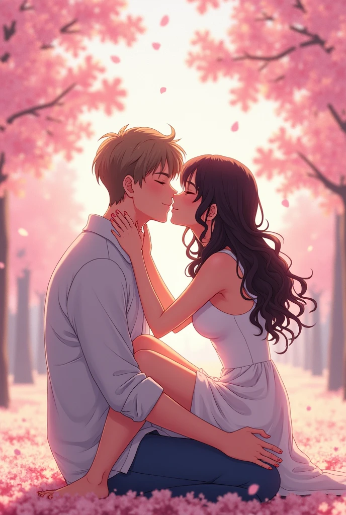 Draw a dark brown wavy haired pale curvy girl sitting on the lap of a boy with light brown straight hair who is also pale skinned kissing anime artstyle