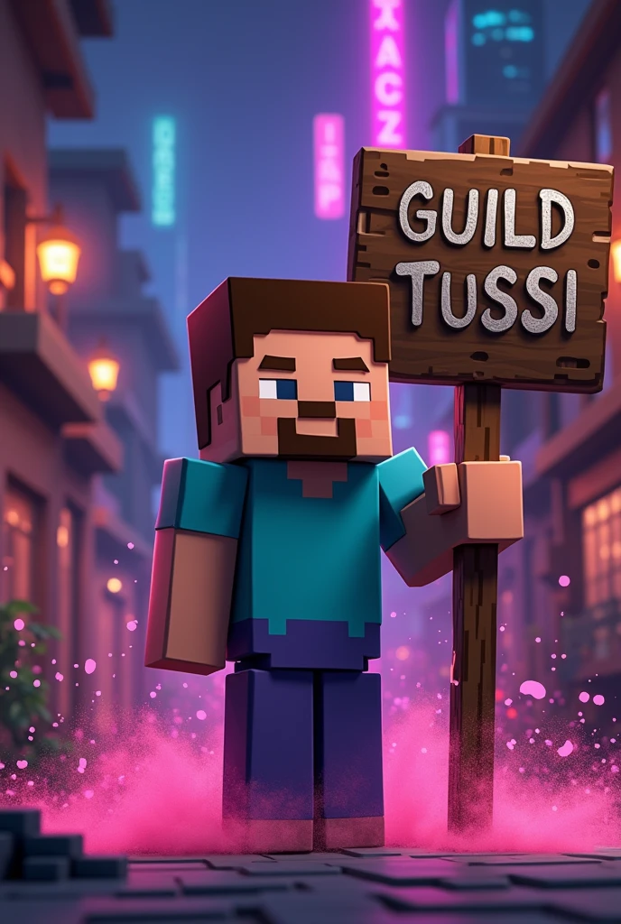 generate a minecraft steve (the skin)
holding a sign that says GUILD TUSSI and pink dust (mafia environment) I told you about Minecraft, not Roblox..