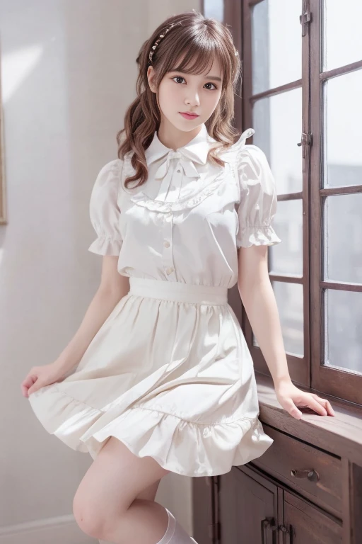 (indoor), (Window), (masterpiece), (最high quality), (Very detailedな), (Best Shadow), (photoRealistic:1.4), Frilled blouse, skirt, white ankle socks, high quality, masterpiece, Very detailedな, High resolution, 4K, 超High resolution, Detailed Shadows, Ultra-realistic, Dramatic lighting, One Girl, alone, Detailed face, Realistic eyes, Realistic Skin, Dynamic Hair, Dynamic pose, Dynamic Angle, White floral dress, White Background, Urzan-6500-v1.1, (RAW Photos:1.2), ( Realistic:1.4), Beautiful detailed girl, Very detailed eyes and face, Beautiful attention to detail, Ridiculous, incredibly Ridiculous, Large file size, Very detailedな, High resolution, Very detailed, 最high quality, (Bright interior), (Soft Light), (Low contrast), (Shallow depth of field), (portrait of a beautiful woman illuminated by gentle light), (Very delicate and elegant depiction), (Short bangs), (Hair color is dark chestnut with a slight brown tinge), (Hair with subtle and gentle waves), (Decorated with thin ribbons), ( White blouse with small frills), (bow tie), (青いロングskirt), (White short ankle socks), shape, Very detailed, CG, Unified, 8k wallpaper, wonderful, Finer details, 最high quality, Very detailed CG Unified 8k wallpaper, Face Light, Cinema Lighting,