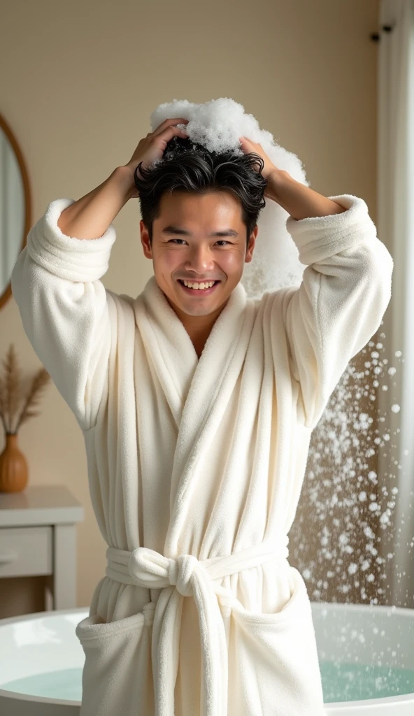 Create a handsome Asian man，Beautiful beautiful big eyes，Regular facial features，Normal limbs，Wear a white bathrobe，Washing hair with both hands above the head，There are a lot of real bubbles on the head，The hair is covered in real white foam，The expression is happy，The characters are realistic and realistic，Warm bathroom background，Character front position，9:16 frames，Ultra-high-definition picture quality