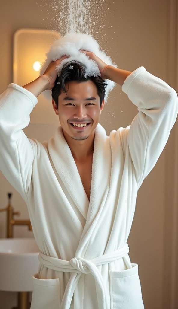 Create a handsome Asian man,Beautiful beautiful big eyes,Regular facial features,Normal limbs,Wear a white bathrobe,Washing hair with both hands above the head,There are a lot of real bubbles on the head,The hair is covered in real white foam,The expression is happy,The characters are realistic and realistic,Warm bathroom background,Character front position,9:16 frames,Ultra-high-definition picture quality
