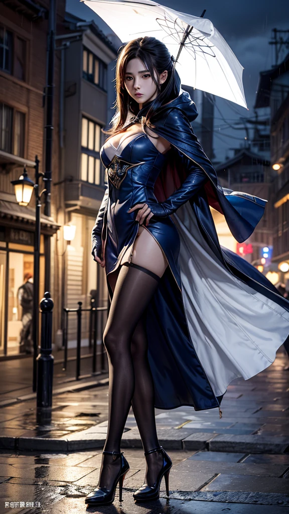 South korea sassin's creed walk women mystery hooded on with modern royal Blue coat with long and wide sleeves with but and royal Blue cape and very high white heel over the knee and white gloves, As she reveals a small secret hidden blade coming from his palm , adding to the characters mysterious, with small movements of air on the cape, in summer at night ur the rain, with buildings featuring curved eaves and detailed architecture. sophisticated and highly detailed, ultra hd, realistic, hyper detailed, enhanced colours, ultra sharp focus, with vibrant, rich in details High quality, gorgeous, captivating, 8k, super detailed, stunning shadows, detailed lines, blood staicoat and gloves, corpses in the recently murdered