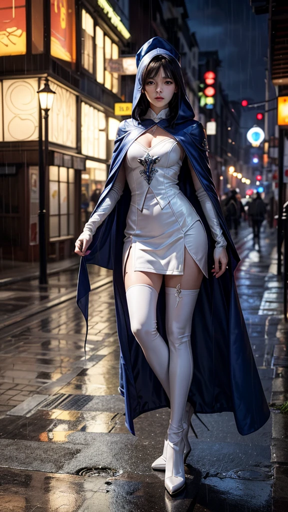 South korea asssassin's creed walk women mystery hooded on with modern royal Blue coat with long and wide sleeves with buttons and royal Blue cape and very high white heel over the knee and white gloves, As she reveals a small secret hidden blade coming from his palm , adding to the characters mysterious, with small movements of air on the cape, in summer at night under the rain, with buildings featuring curved eaves and detailed architecture. sophisticated and highly detailed, ultra hd, realistic, hyper detailed, enhanced colours, ultra sharp focus, with vibrant, rich in details High quality, gorgeous, captivating, 8k, super detailed, stunning shadows, detailed lines, blood stain on coat and gloves, corpses in the street recently murdered