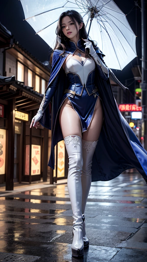 South korea asssassin's creed walk women mystery hooded on with modern royal Blue coat with long and wide sleeves with buttons and royal Blue cape and very high white heel over the knee and white gloves, As she reveals a small secret hidden blade coming from his palm , adding to the characters mysterious, with small movements of air on the cape, in summer at night under the rain, with buildings featuring curved eaves and detailed architecture. sophisticated and highly detailed, ultra hd, realistic, hyper detailed, enhanced colours, ultra sharp focus, with vibrant, rich in details High quality, gorgeous, captivating, 8k, super detailed, stunning shadows, detailed lines, blood stain on coat and gloves, corpses in the street recently murdered