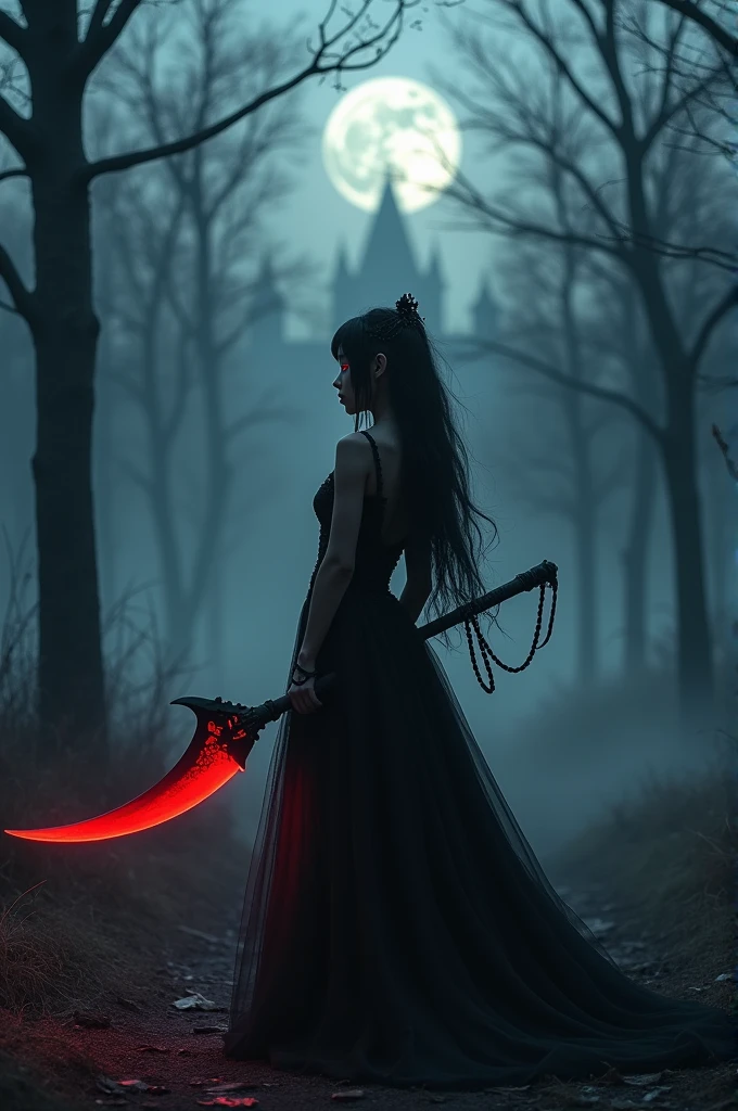 (1 girl, Alone, alone, ninnym, by white, Red eyes, hair ornament, small breasts, by the wide, Physical aptitude)), ((Alone, (1 woman, pink lipstick), extremely detailed, Soft ambient lighting, 4k, Perfect eyes, a perfect face, perfect lighting, a 1 girl)), ((black dress, long dress, wielding a red scythe, abandoned castle, Enchanted castle, fog, fog, evening, the moon smells, Dry trees))
