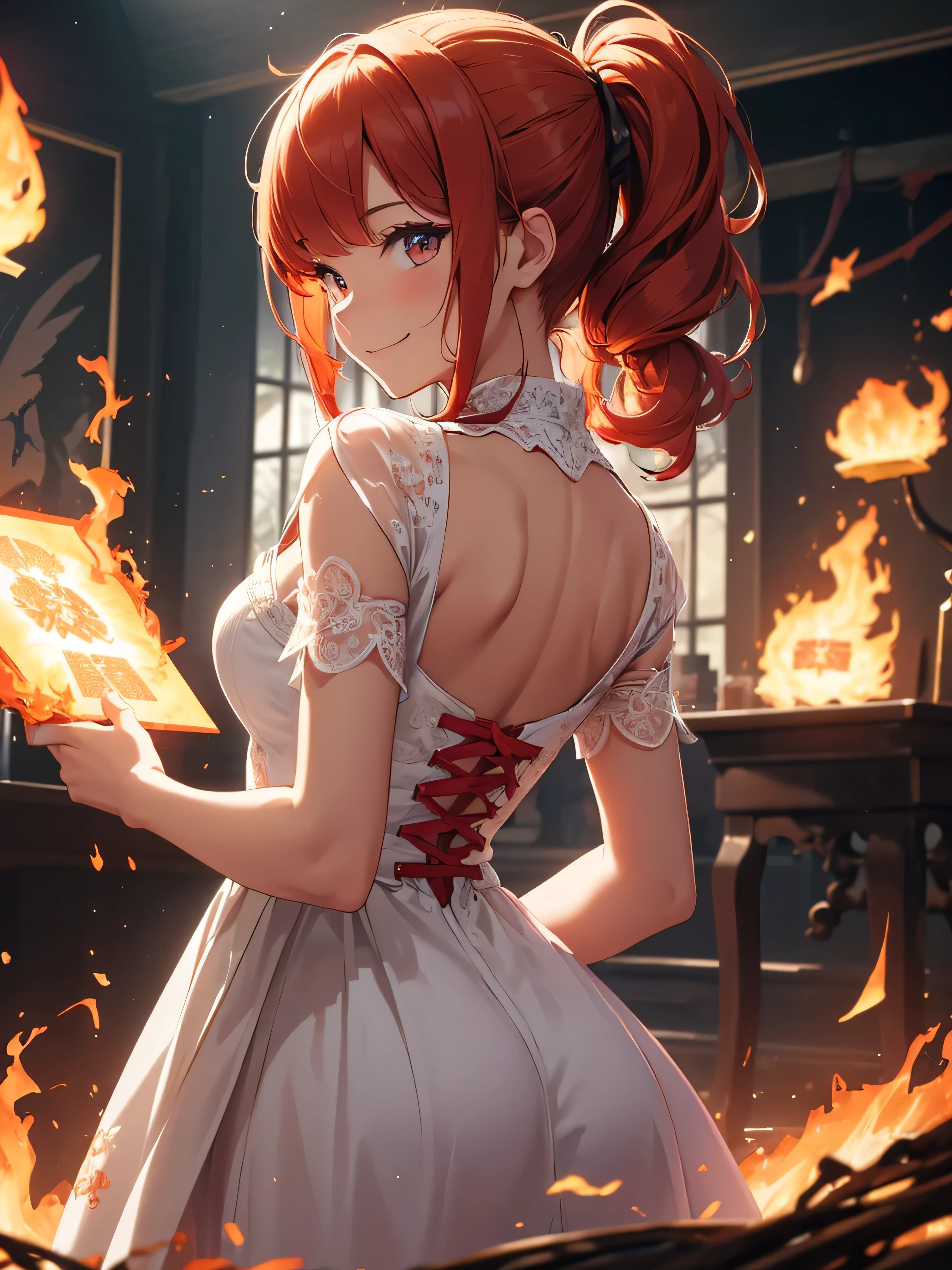 (((best quality, sharp image, clear image, cinematic lighting, 8k resolution, masterpiece, ultra detailed, intricate))) Girl, (((looking over left shoulder))), (shot from behind), ((shot from hip up)), fiery red hair, pigtails, ((white dress)), ((flaming sigils, flaming runes)), spiky rock formations, (flaming lotus flowers frame), (intricate background), ((Phoenix)), (swirling flames), smiling