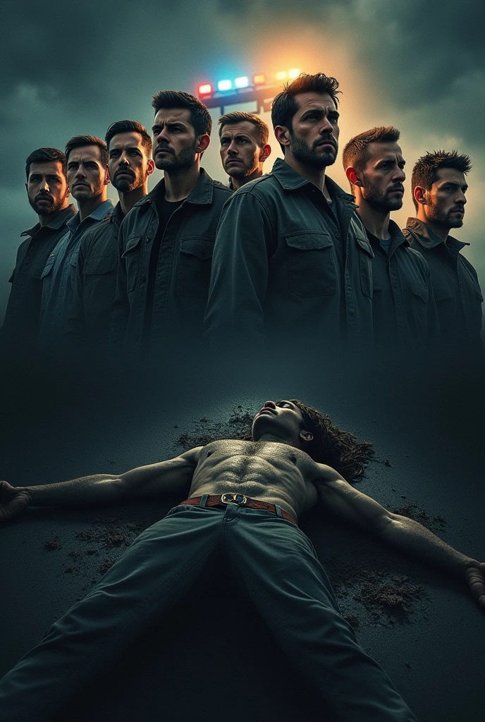 The cover of a book.
Divided into two halves.
In the lower half 8 men about 27 years old and in the background the lights of a police patrol.
And in the upper half a corpse.
