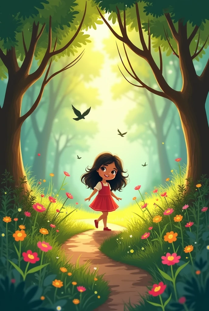 A cute , Zainab, with big curious eyes, wanders through a sunlit forest, picking flowers, surrounded by tall trees and vibrant greenery.