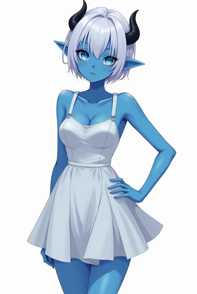 score_9, score_8_up, score_7_up,((best quality)), absurdnes, ((best quality)), CoquelinePXL, 1 femboy, feminine male, adult, 20 years old, black pupil, glowing blue iris, black sclera, blue skin, short peekaboo style hair((white outside, black inside)), pointy elf ears, black short demon horns, azure blue demon tail, short white dress, short skirt, sleeveless, empire waist dress, solid white background, solo, hand on hip, looking at viewer, big ass, no breast, flat chest, anime inspired art