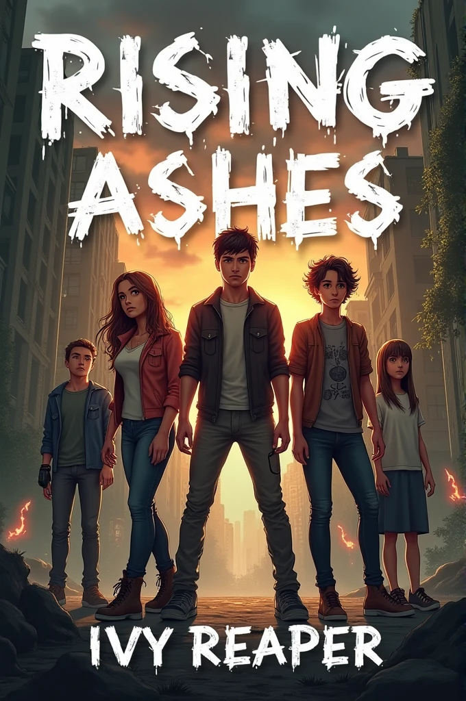 Create a book cover for Rising Ashes by Ivy Reaper that’s about teenagers who are trying to survive a zombie apocalypse